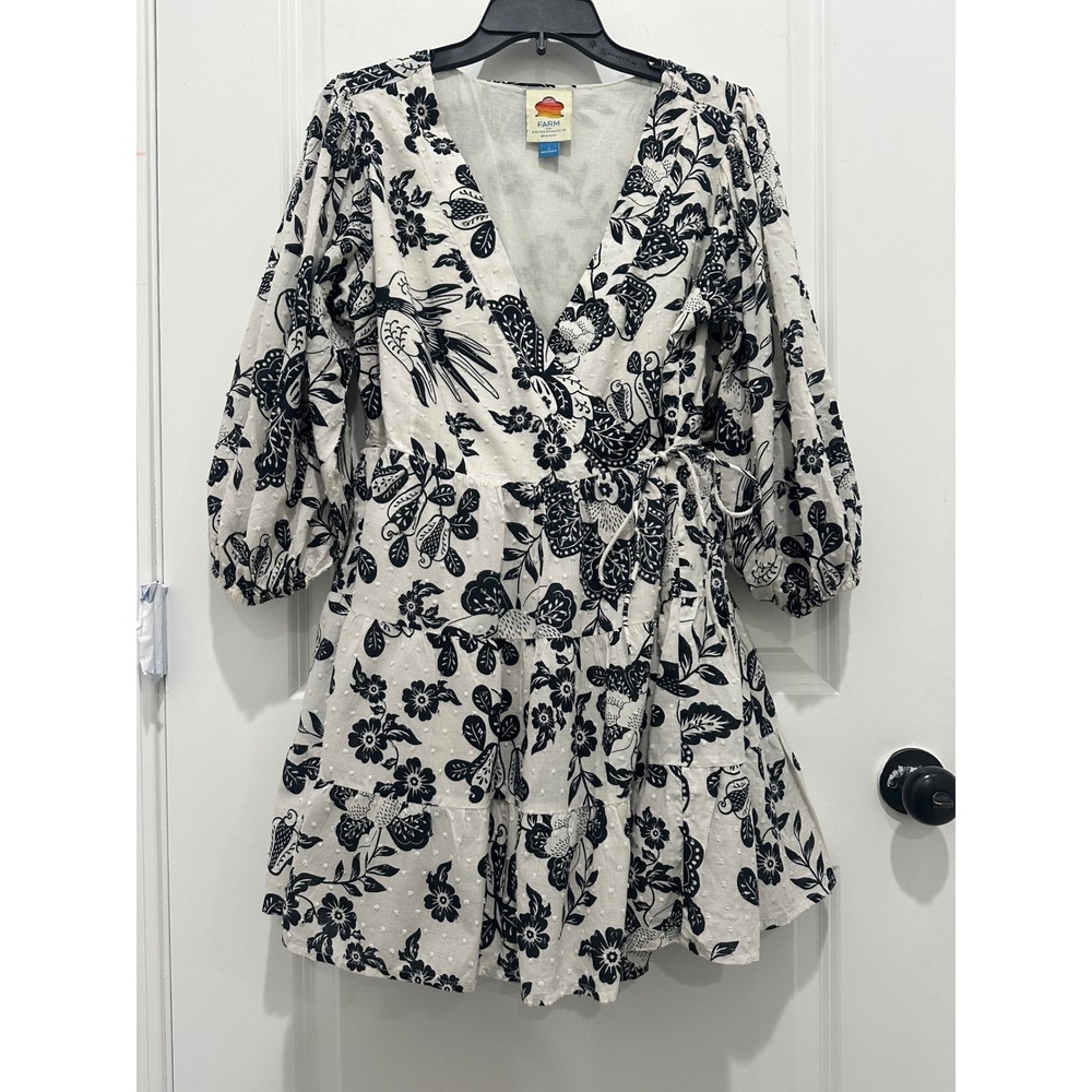 Farm Rio Anthropologie Black White Floral Bird Swiss Dot Wrap Mini Dress Small - Picture 4 of 7